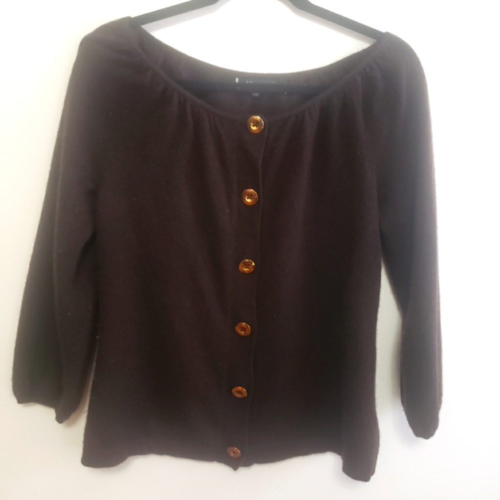 Anne Klein 100% Cashmere Dark Brown 3/4 Length Sleeve Cardigan~ Size Large